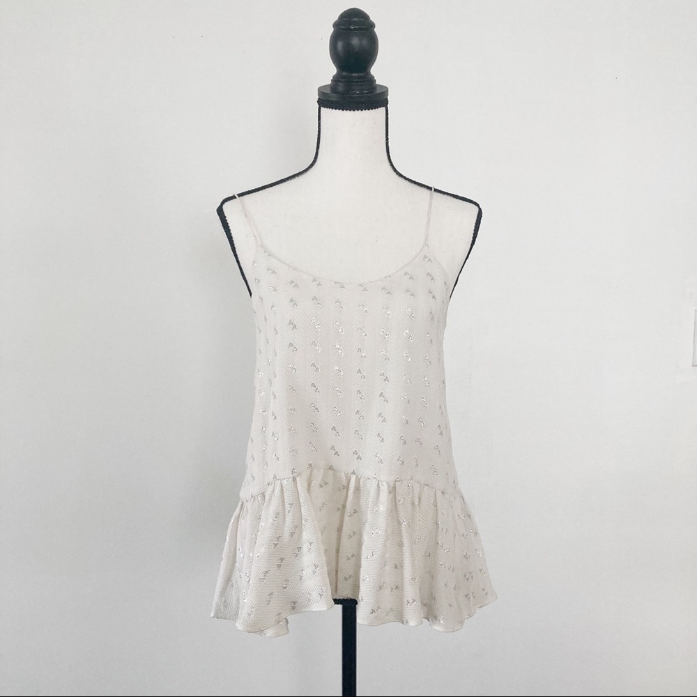 Club Monaco peplum tank metallic silver arrows xs